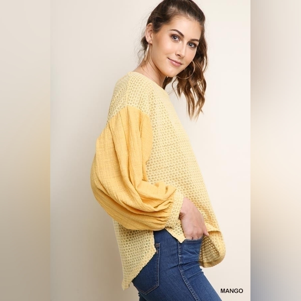 Umgee Sheer Waffle Knit Gauze Balloon Sleeve Yellow Sweater Top